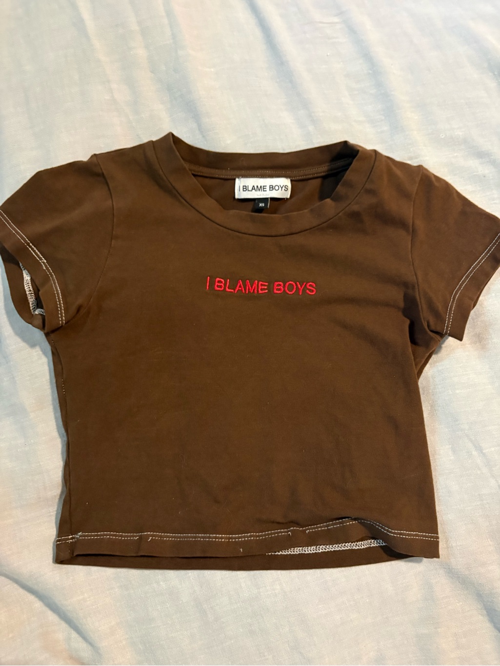 I Blame Boys Brown Crop Tee With Red Embroidered Logo